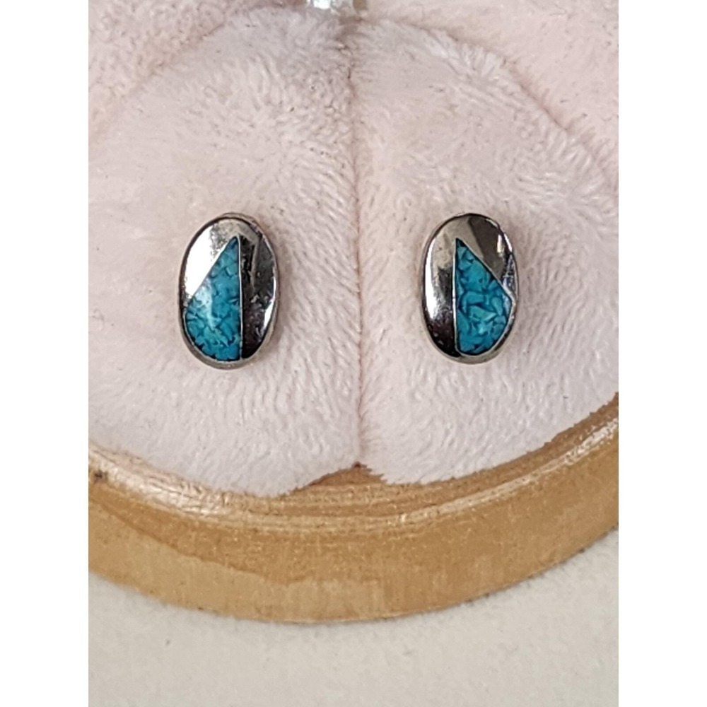 Vintage‎ CASTINGS ON PARADE COP Signed Turquoise Inlay Stud Earrings Stainless